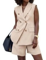 Business Button Design Double Breasted Women's Sleeveless Vest + Shorts Solid Color 2-Piece Suit