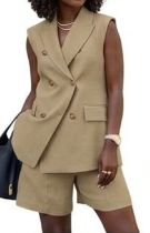 Business Button Design Double Breasted Women's Sleeveless Vest + Shorts Solid Color 2-Piece Suit
