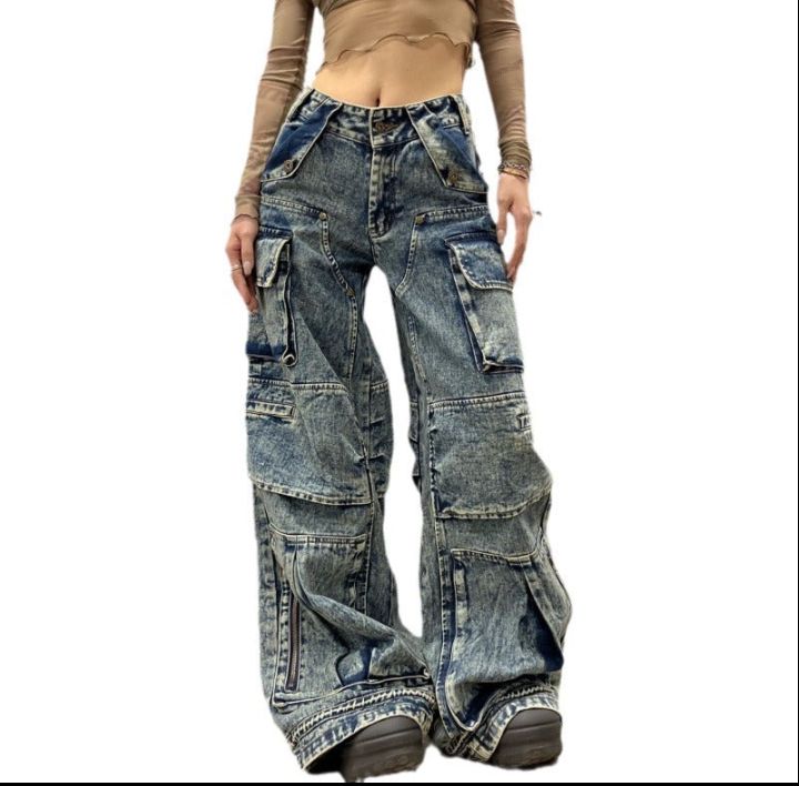 Faded Denim Baggy Multi-Pocketed Reverse Zipper Design Women's Hip-Hop Streetwear Cargo Jeans to 4X Plus Size