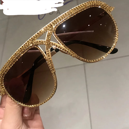 Metallic Iced Out Women's Criss-Cross Rhinestone Encrusted Oversized Shield Sunglasses