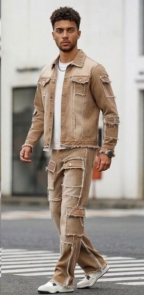 Men's Hip-Hop Denim Khaki Deconstructed Gradient Colorblock Distressed Patchwork Washed Frayed Jean Jacket & Ripped Deconstructed Raw Edge Cargo Multi-Pocketed Wide Leg Streetwear Jeans 2-Piece Set