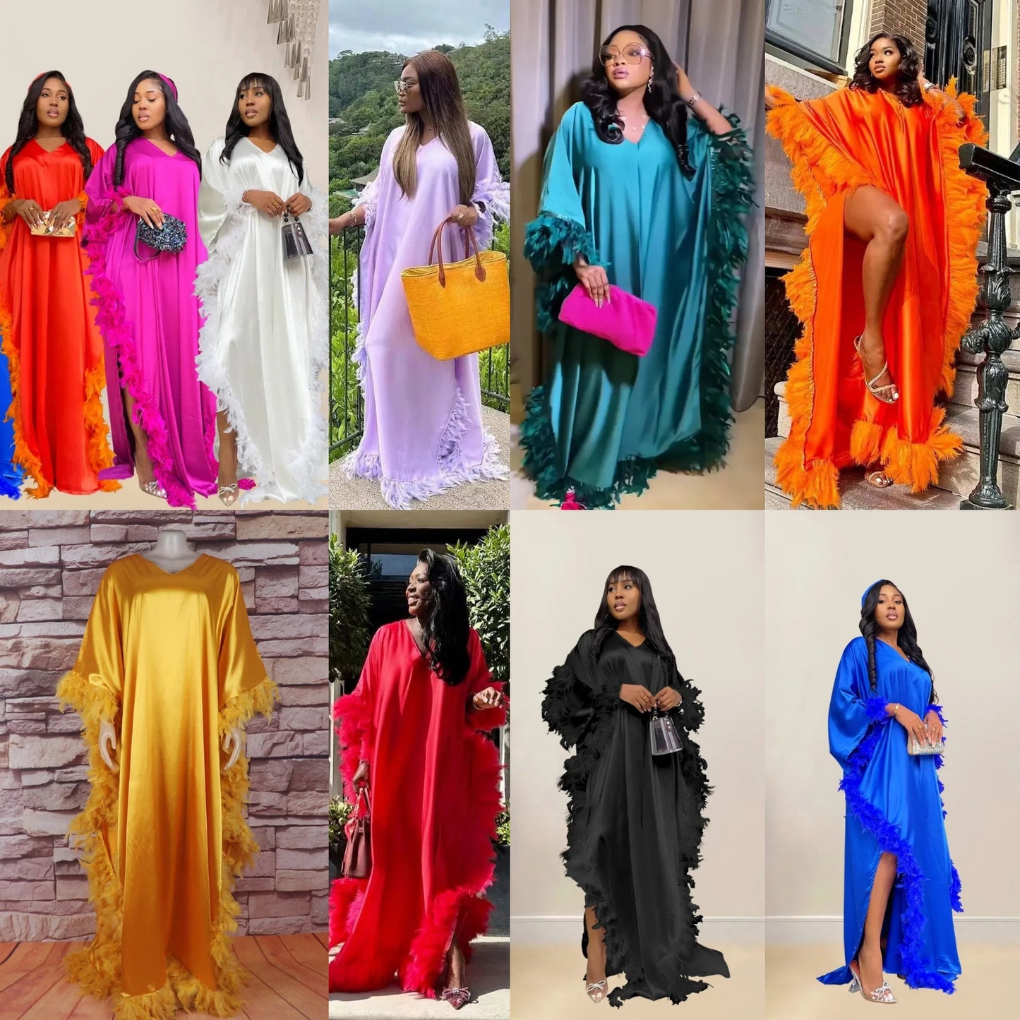 Oversized Satin Loose Feather Hem Design Batwing Long Sleeve V-Neck High Side Slit Formal Party Evening Robe Dress