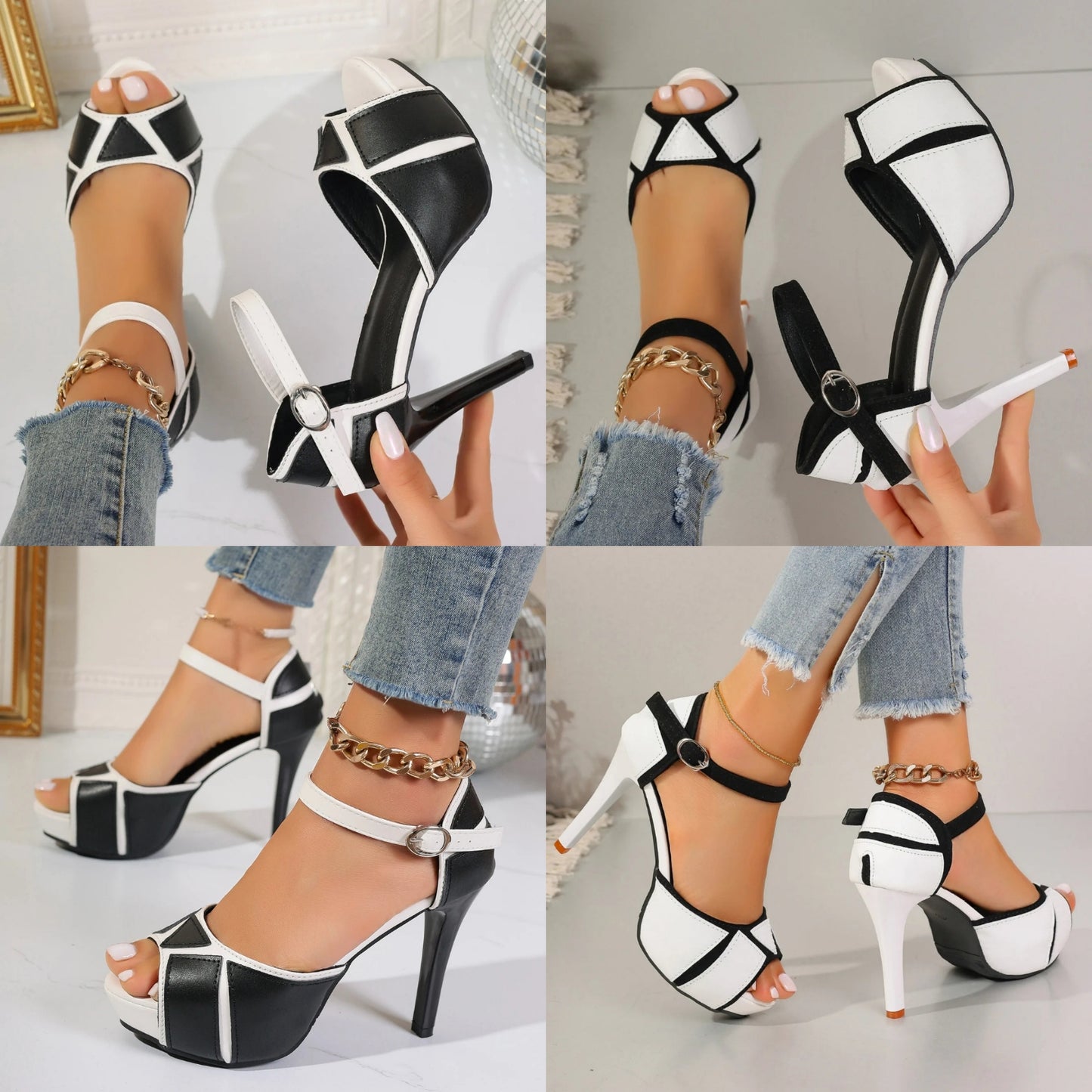 Colorblock Peep Toe Fish Mouth Buckle Strap Platform Stiletto Heel Sandal Pumps