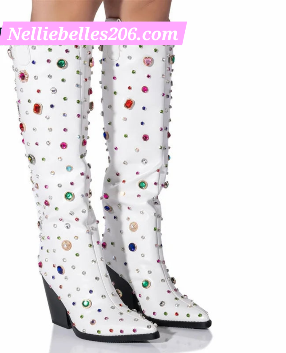 Rhinestone Embellished Western Cowgirl Chunky Block Heel Knee-High Pointed Toe Slip-On Boots