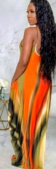 Rainbow Striped Colorblock Ruffled Sleeveless V-Neck Harem Maxi Dress