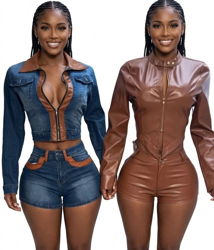 PU Leather Cropped Women's Zipper Biker Jacket + Mini Shorts 2-Piece Set