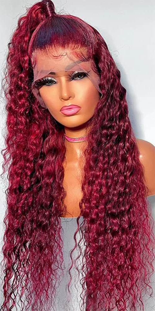 Deep Wave Burgundy 13x4 HD Transparent Lace Frontal Glueless Wiga