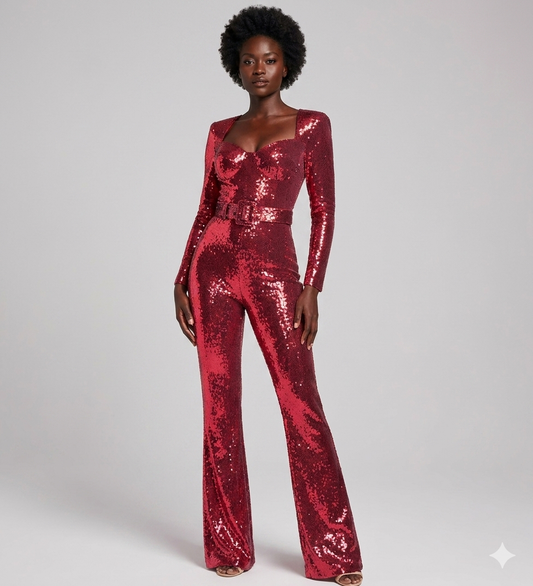 Sequined Sparkling Glitter Skinny Long Sleeve Flare Leg Women's Formal Party Jumpsuit