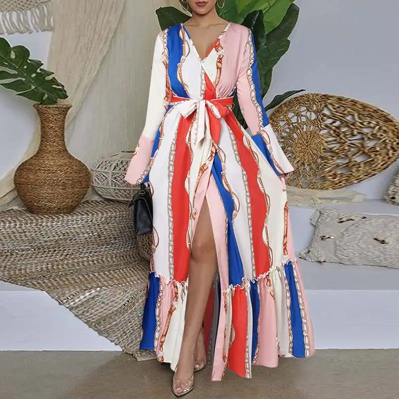 Bohemian Colorblock Striped Printed Long Sleeve Ruffled Belted High Slit Maxi Dress to 5X Plus Size