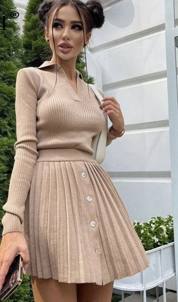 Solid Color Knitted Long Sleeve V-Neck Pullover Turn Down Collar Sweater + Pleated Button Front Mini Skirt 2-Piece Set