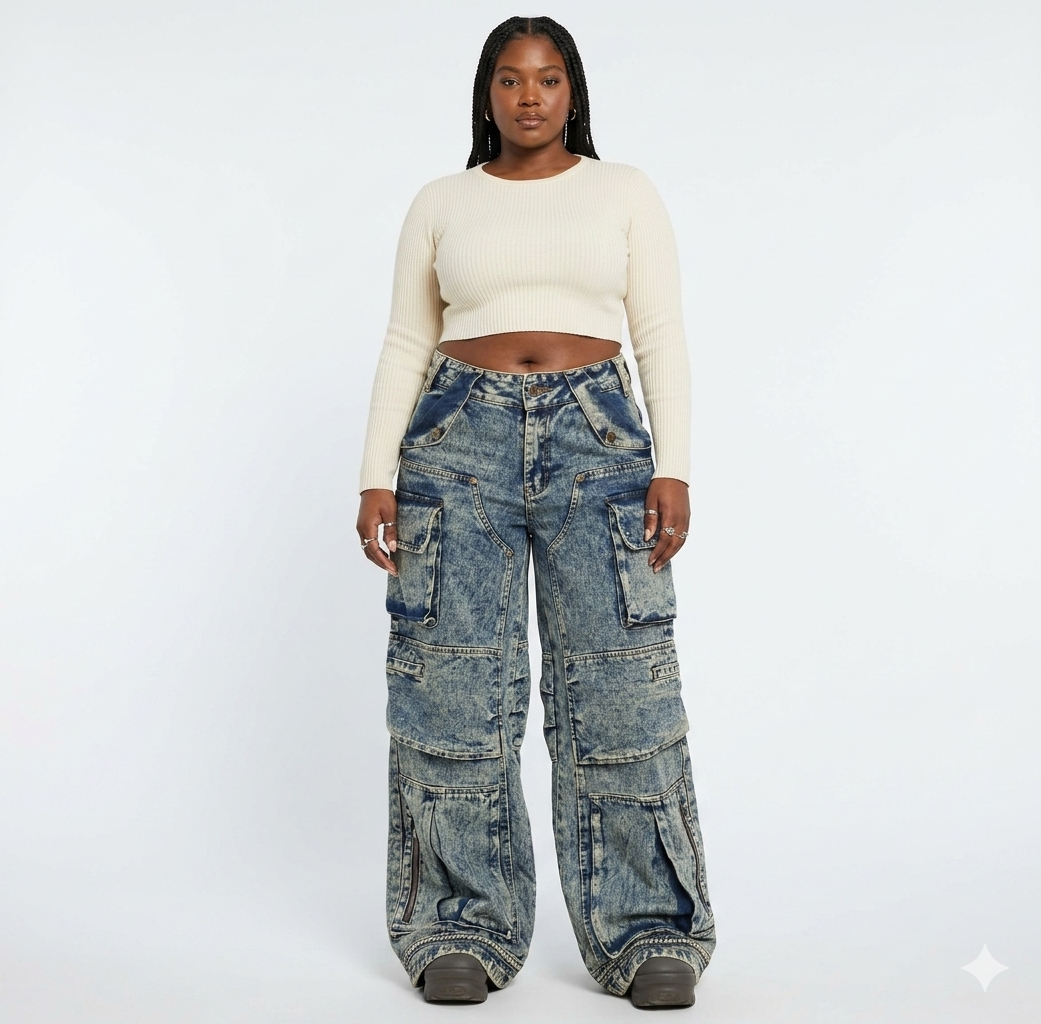 Faded Denim Baggy Multi-Pocketed Reverse Zipper Design Women's Hip-Hop Streetwear Cargo Jeans to 4X Plus Size