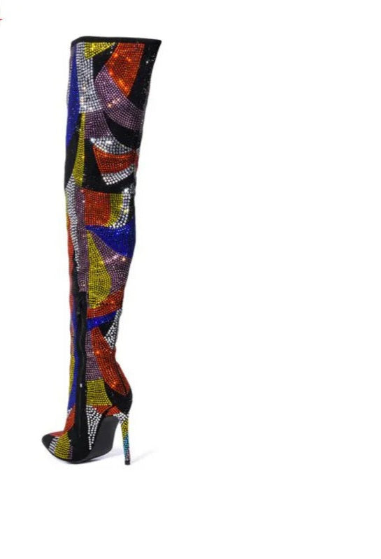 Rainbow Rhinestone Embellished Diamond Crystal High Heel Women's Pointed Toe        Over-The-Knee Boots