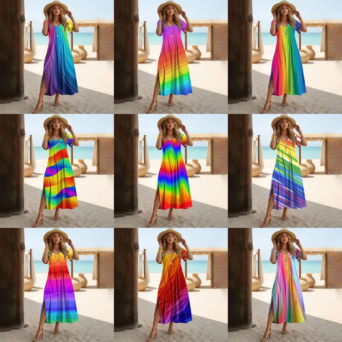 Striped Colorblock Rainbow Print V-Neck Short Sleeve High Slit Midi Sundress to 3X Plus Size