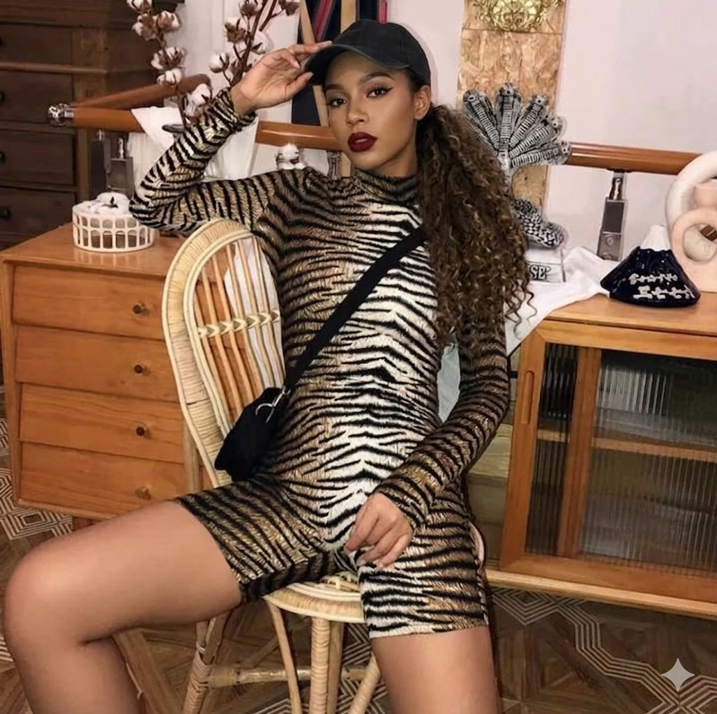 Leopard/Zebra Print Mock Neck Long Sleeve Women's Skinny Bodycon Shorts Romper