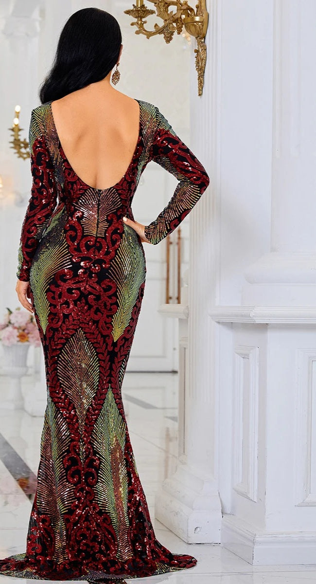 Metallic Mermaid Sequin O-Neck Long Sleeve Backless Bodycon Maxi Prom/Party Dress