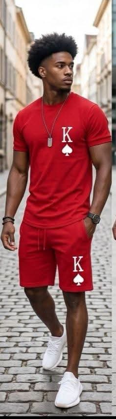 Men's King Of Spades Print Loose Solid Color Casual T-Shirt + Shorts 2-Piece Set to 6X Big & Tall