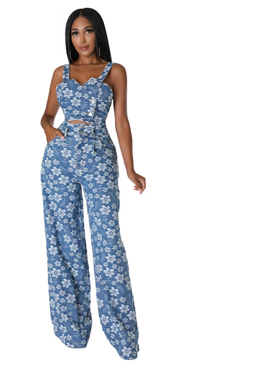 Denim Flower Printed Cami Crop Tank Top + Ripped Wide Leg Pants Women's 2-Piece Set