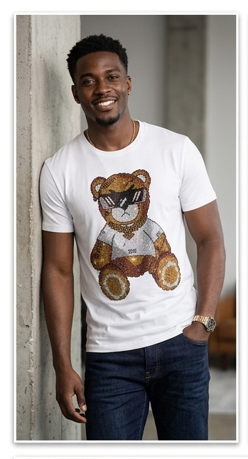 Men's Rhinestone Hip-Hop Teddy Bear Print O-Neck Short Sleeve T-Shirt
