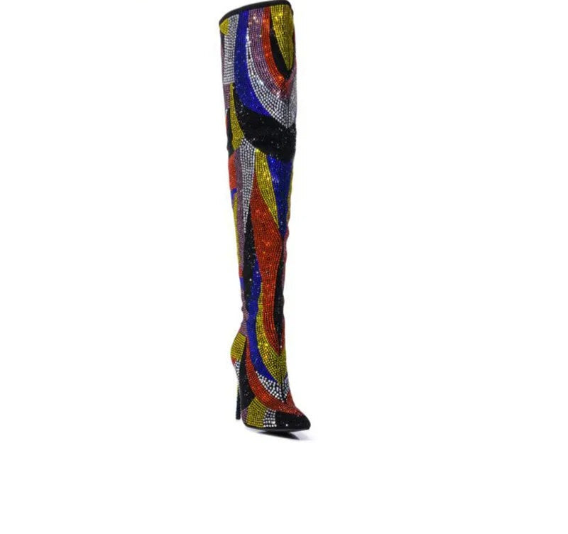 Rainbow Rhinestone Embellished Diamond Crystal High Heel Women's Pointed Toe        Over-The-Knee Boots