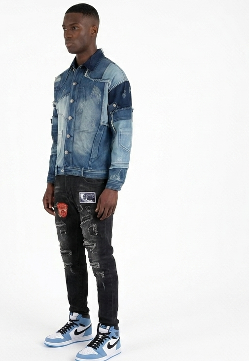 Men's Denim Patchwork Irregular Colorblock Gradient Ripped Fringe Stitch Turn-Down Collar Long Sleeve Multi-Pocketed Cargo Western Jean Jacket