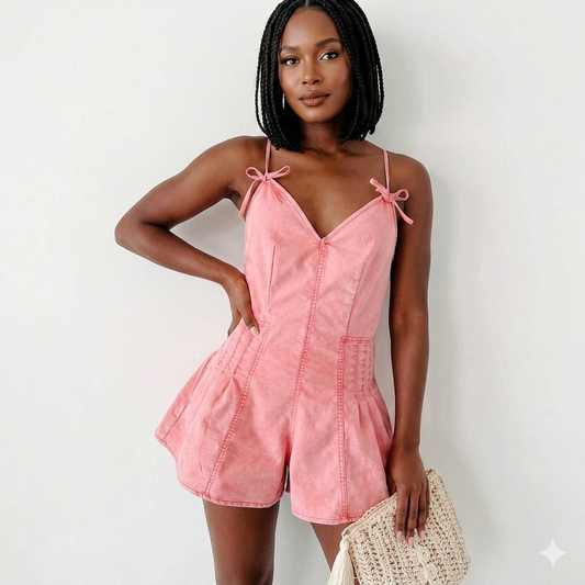 Denim Sleeveless Stonewashed Bowknot Design Spaghetti Strap Women's Ruched Waist Cowgirl Jean Shorts Romper