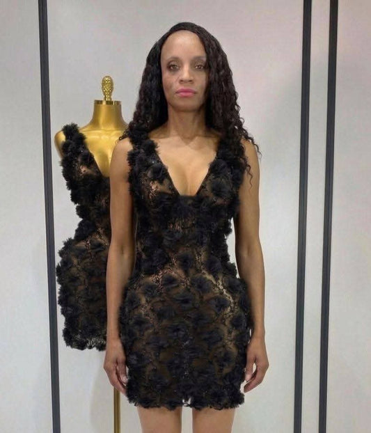Pink/Black Flower Pearl Embroidered Sheer Transparent Lace Sleeveless Bodycon Mini Formal Party/Prom Dress