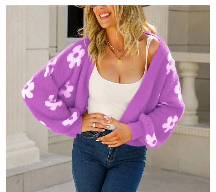 Big Flower Print Women's Short Knitted Button-Up Cardigan Sweater