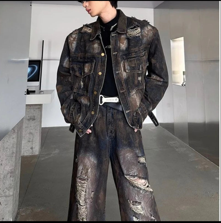 Men's Denim Colorblock Gradient Faded Checker Pattern Ripped Jean Jacket + Wide Leg Streetwear Hip-Hop Men's 2-Piece Set