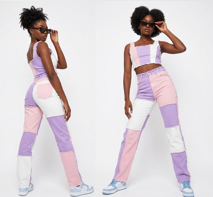 Raw Edge Denim  Colorblock Checker Fringe Hem Design Streetwear Hip-Hop Women's Jeans