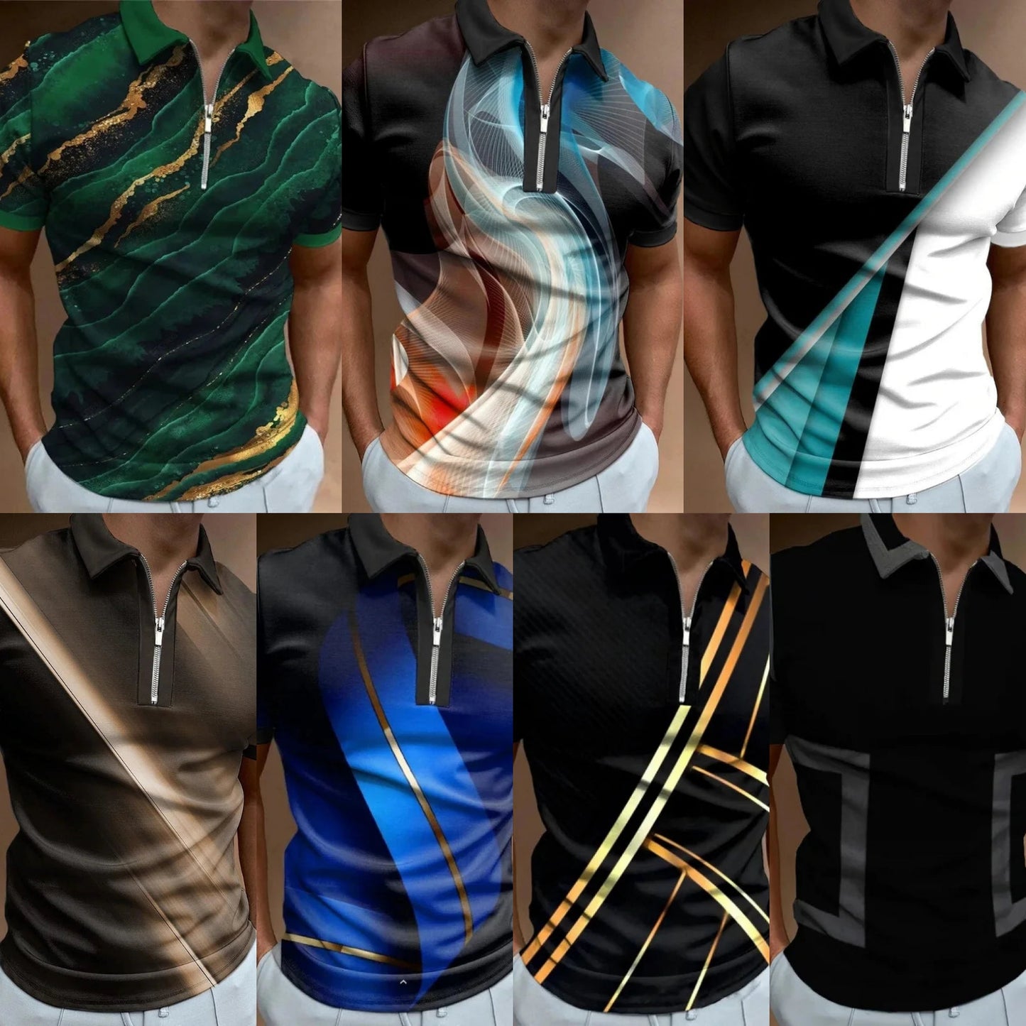 Men's Striped Swirl 3D Print Designer Streetwear Short Sleeve Zipper Polo Shirts