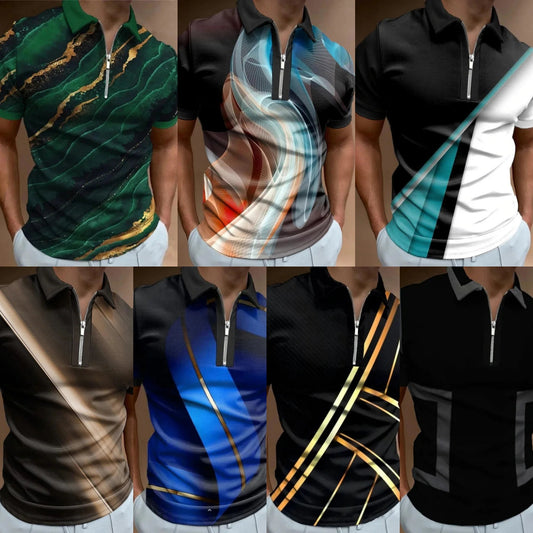 Men's Striped Swirl 3D Print Designer Streetwear Short Sleeve Zipper Polo Shirts