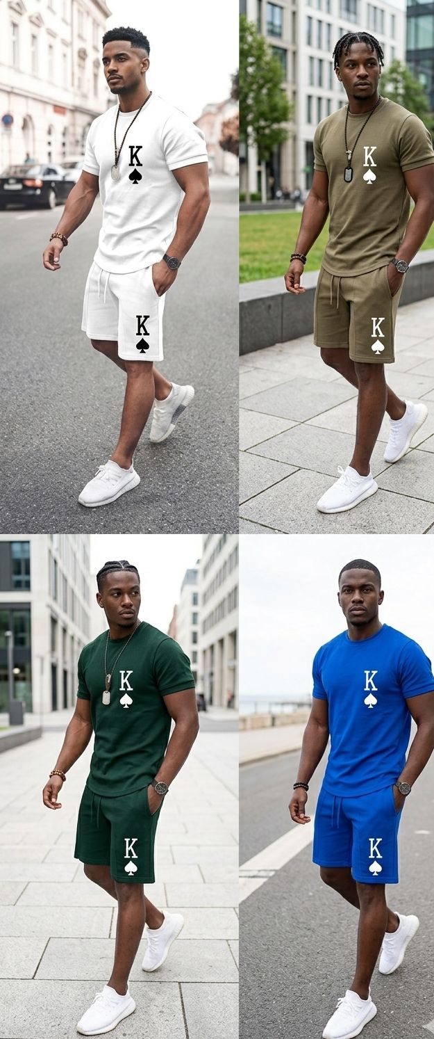 Men's King Of Spades Print Loose Solid Color Casual T-Shirt + Shorts 2-Piece Set to 6X Big & Tall