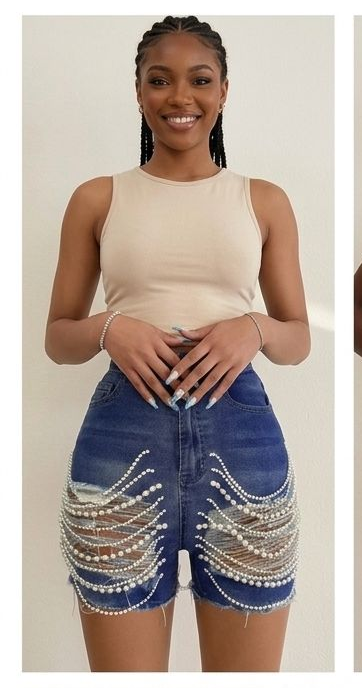 Handmade Tassel Fringe Pearl Chain Decor Denim Dark Blue/Light Blue Women's Jean Shorts