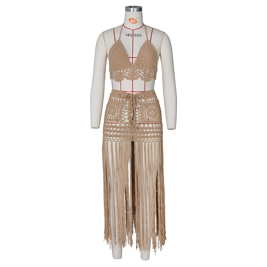 Knitted Crochet Bra + Tassel Fringe Skirt  Swimwear 2-Piece Set