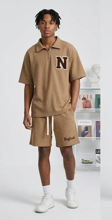 Men's Hip-Hop Streetwear Initial Letter Print Polo Shirt + Drawstring Shorts 2-Piece Set