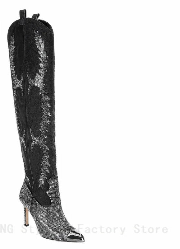 Western Embroidered Rhinestone Embellished Over-the-Knee Pointed Toe Thigh High Boots