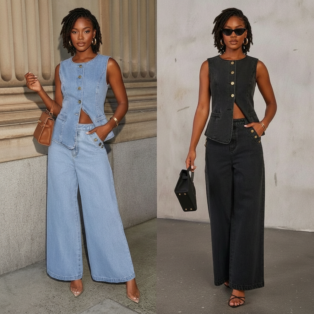 Denim Light Blue/Black Sleeveless Gold Button Detail Women's Jean Vest + Wide Leg Straight Jeans 2-Piece Set