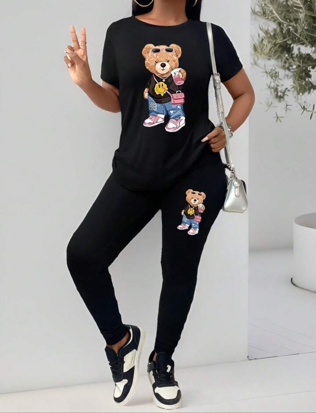 Women's Teddy Bear Print O-Neck Short Sleeve T-Shirt + Leggings 2-Piece Set