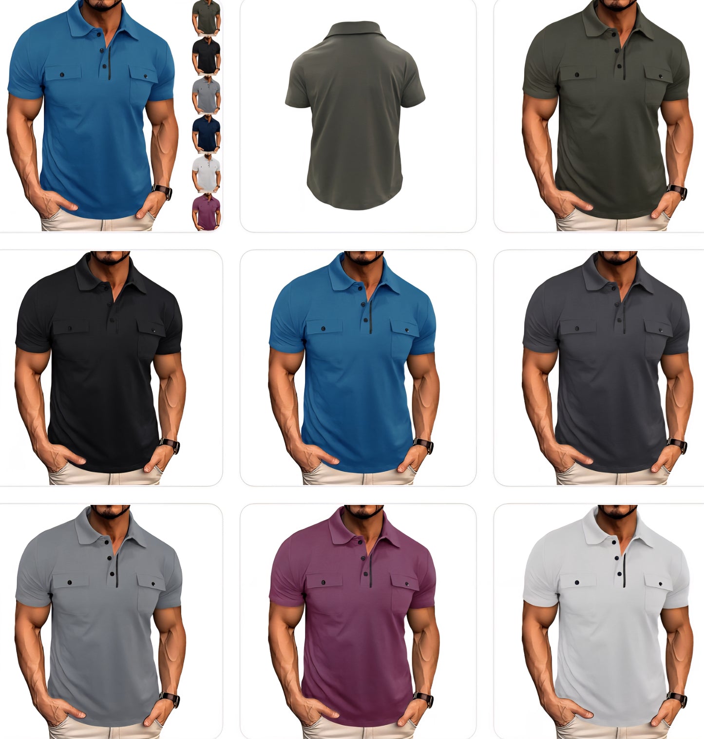 Men's Double Pocket Solid Color Button-Up Turn-Down Collar Polo Shirts