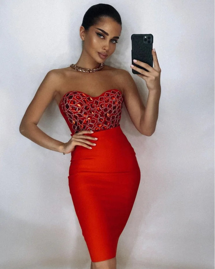 Gem Rhinestone Embellished Tube Corset Top + Midi Solid Skirt 2-Piece Set