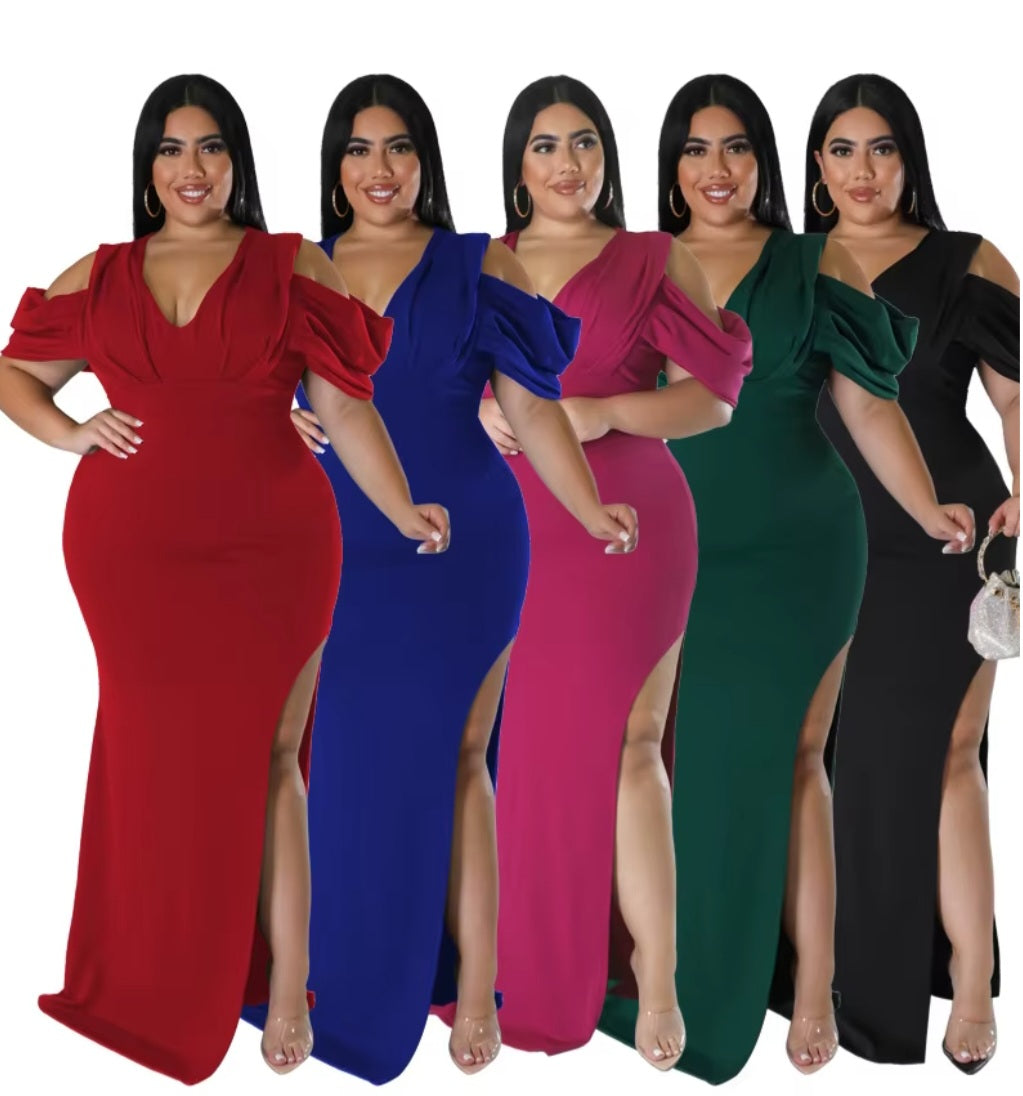 Pleated Cut-Out Cold Shoulder V-Neck High Slit Solid Color Maxi Party Dress to 5X Plus Size