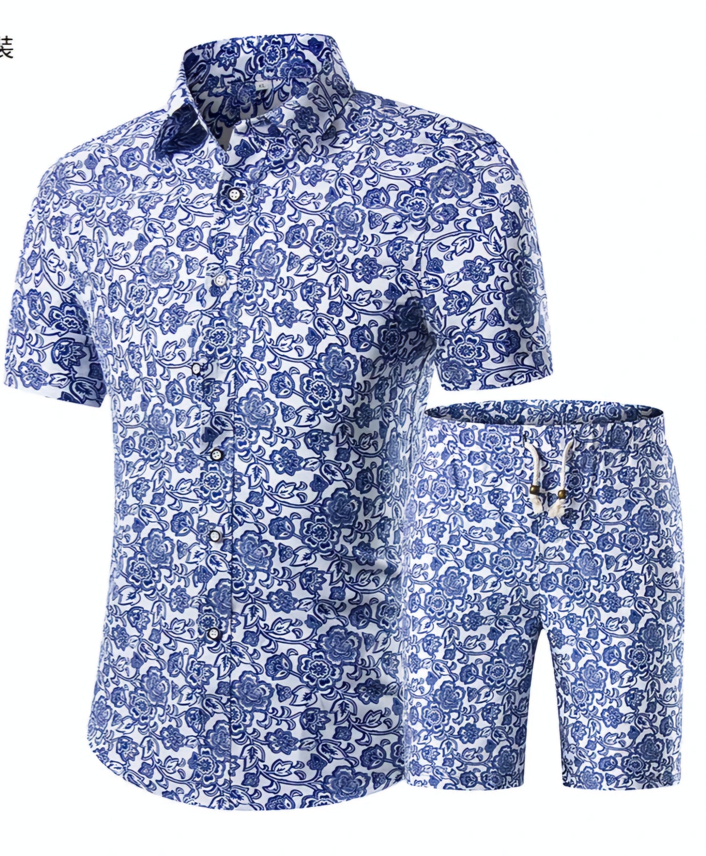 Men's Camouflage/Baroque/Floral/Hawaiian Print Short Sleeve Turn-Down Collar Shirt + Matching Drawstring Shorts 2-Piece Set