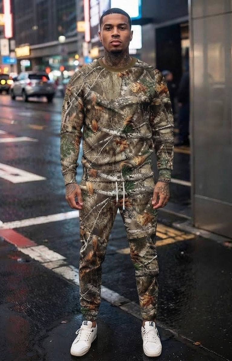 Men's Camo Geometric Fall Leaf Print O-Neck Long Sleeve Sweatshirt + Skinny Jogger Sweatpants Tracksuit to 6X Big & Tall