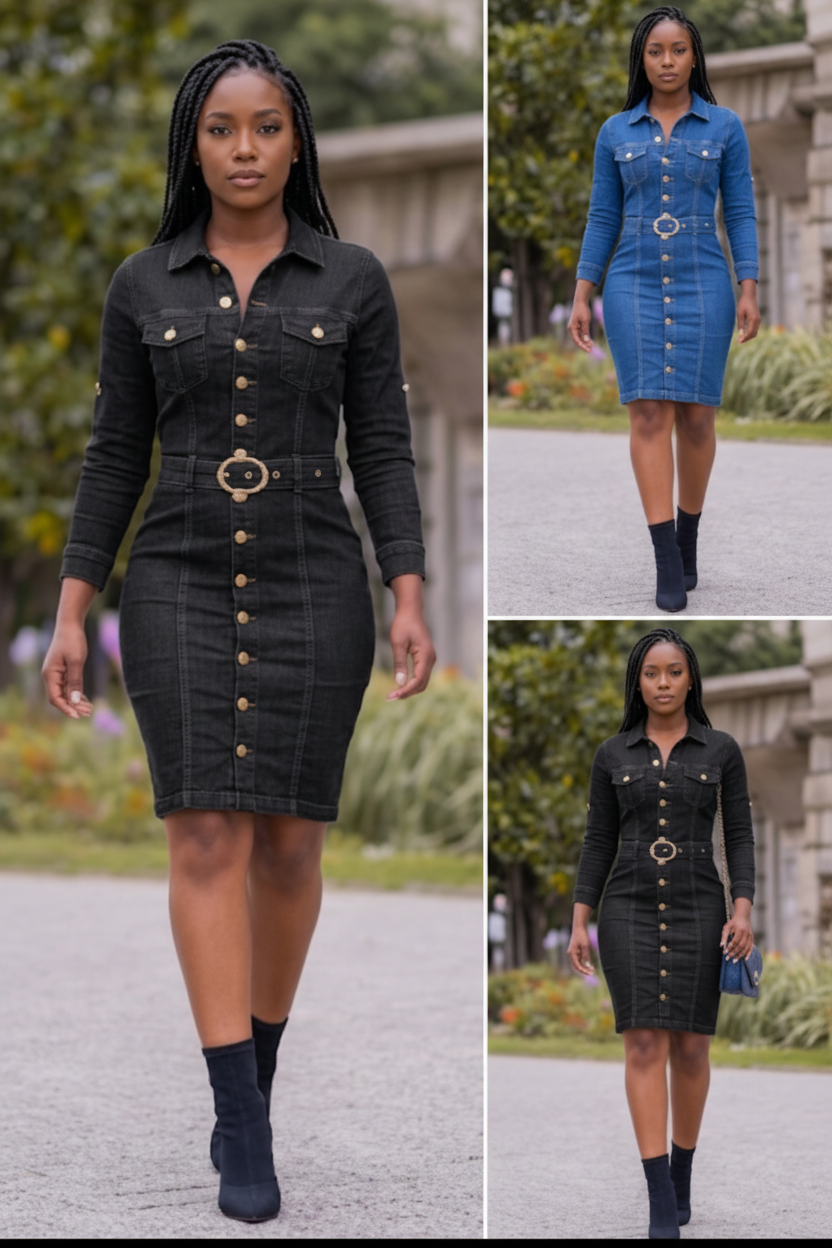 Denim Western Button-Up Single Breasted Long Sleeve Midi Cowgirl  Rodeo Jean Dress to 3X Plus Size