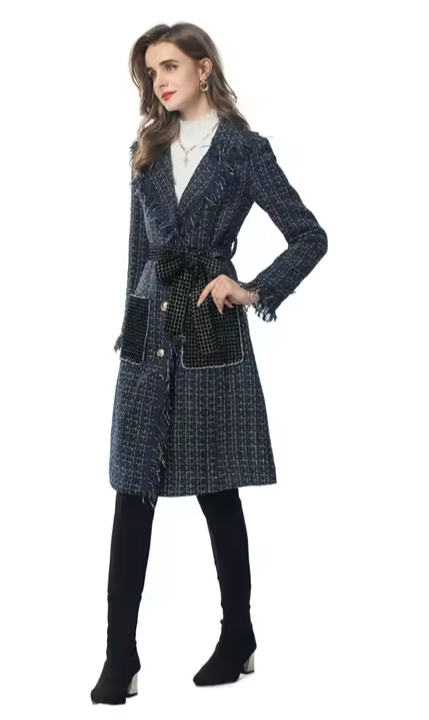 Plaid Wool Tassel Fringe Design Women's Oversized Pocket Single-Breasted Long Sleeve Trenchcoat w/ Belt