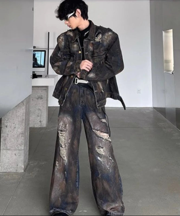 Men's Denim Colorblock Gradient Faded Checker Pattern Ripped Jean Jacket + Wide Leg Streetwear Hip-Hop Men's 2-Piece Set