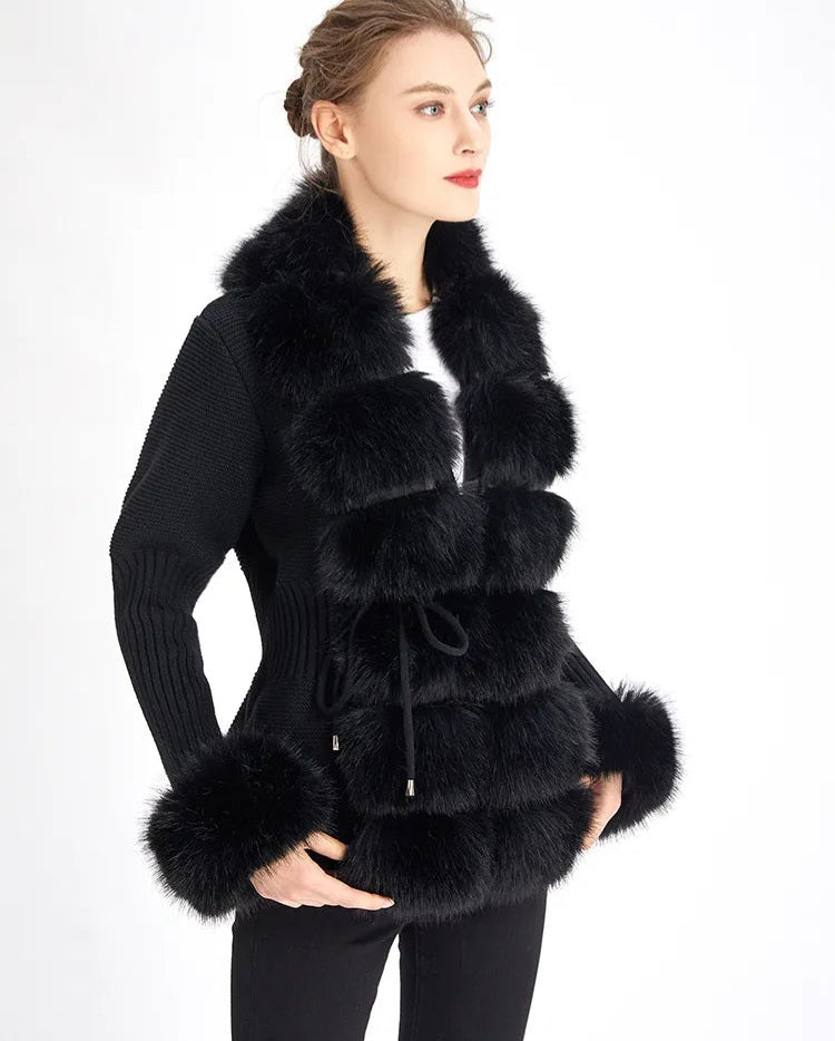 Faux Fur Ladies Knitted Detachable Collar Cardigan Sweater Jacket