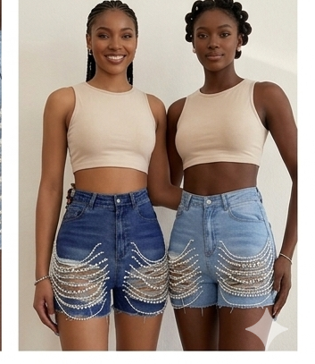 Handmade Tassel Fringe Pearl Chain Decor Denim Dark Blue/Light Blue Women's Jean Shorts