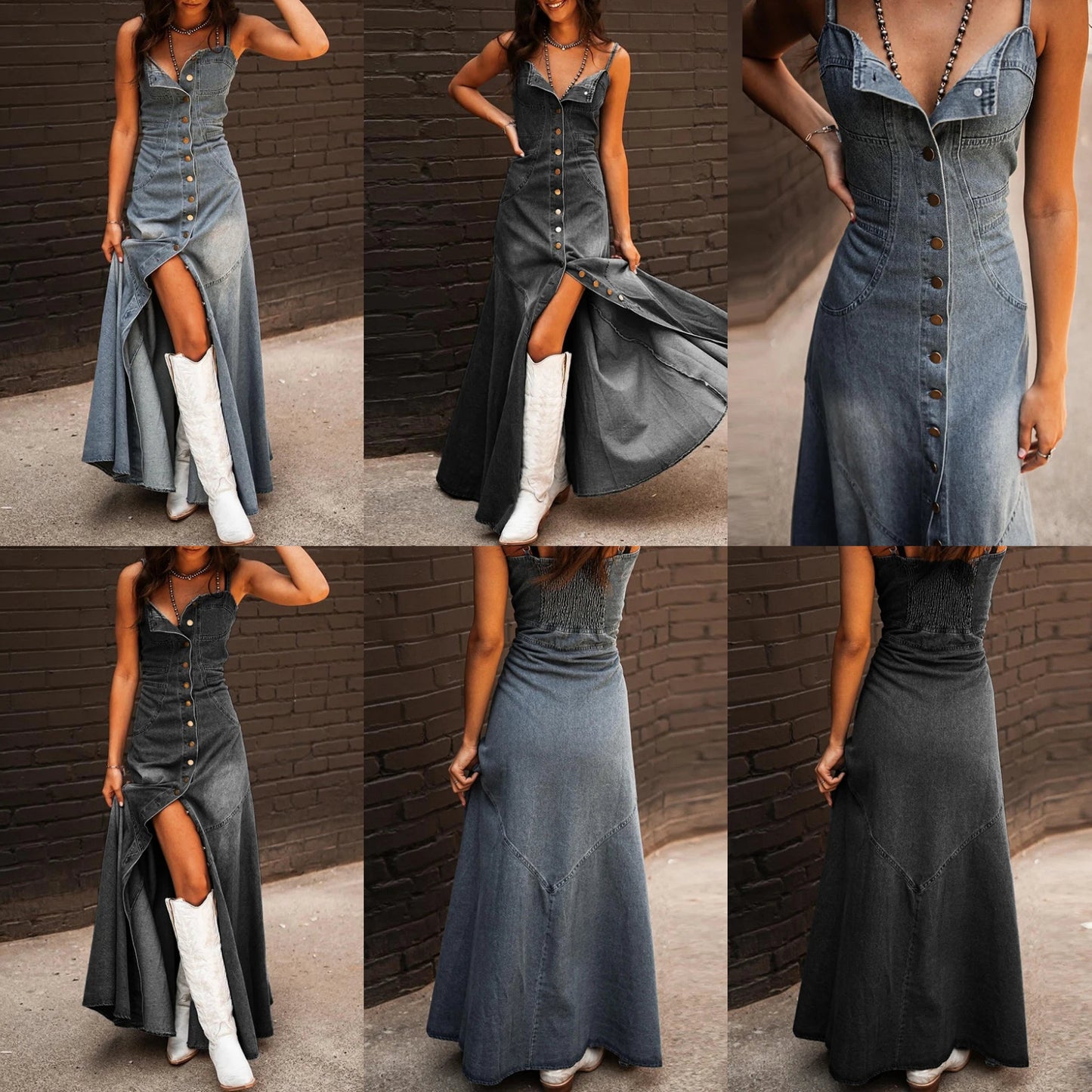 Vintage Denim Button-Up Single Breasted High Slit Sleeveless Halter Strap Cowgirl Maxi Jean Dress