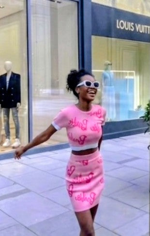 Pink "Barbie" Print U-Neck Knitted Short Sleeve Cropped Sweater+ Mini Skirt Women's 2-Piece Set